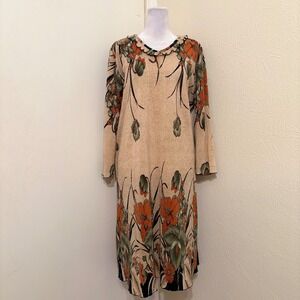 Vintage Fairycore Art Deco 60s Tan Orange Floral Pleated Long Sleeve Midi Dress